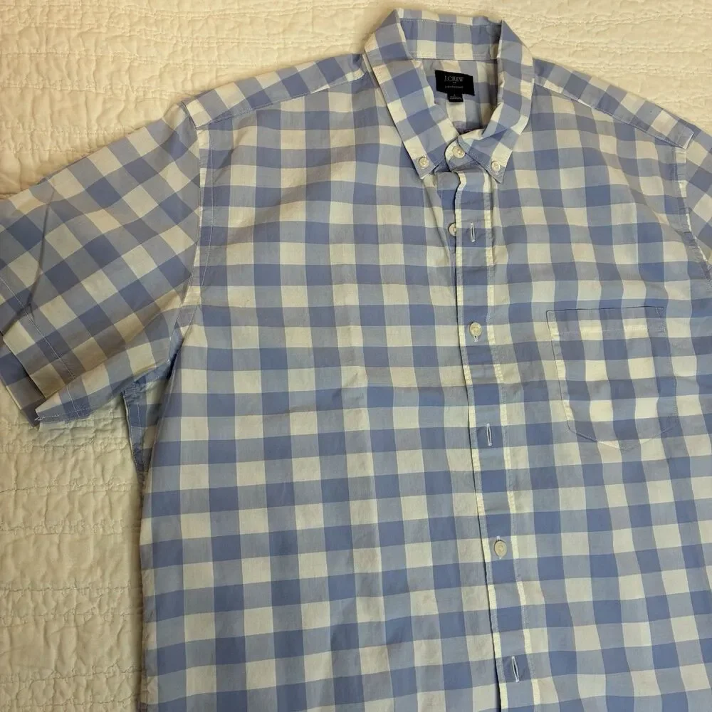 Men’s‎ Blue White Check Button Down Short Sleeve Shirt Size L Lightweight Cotton